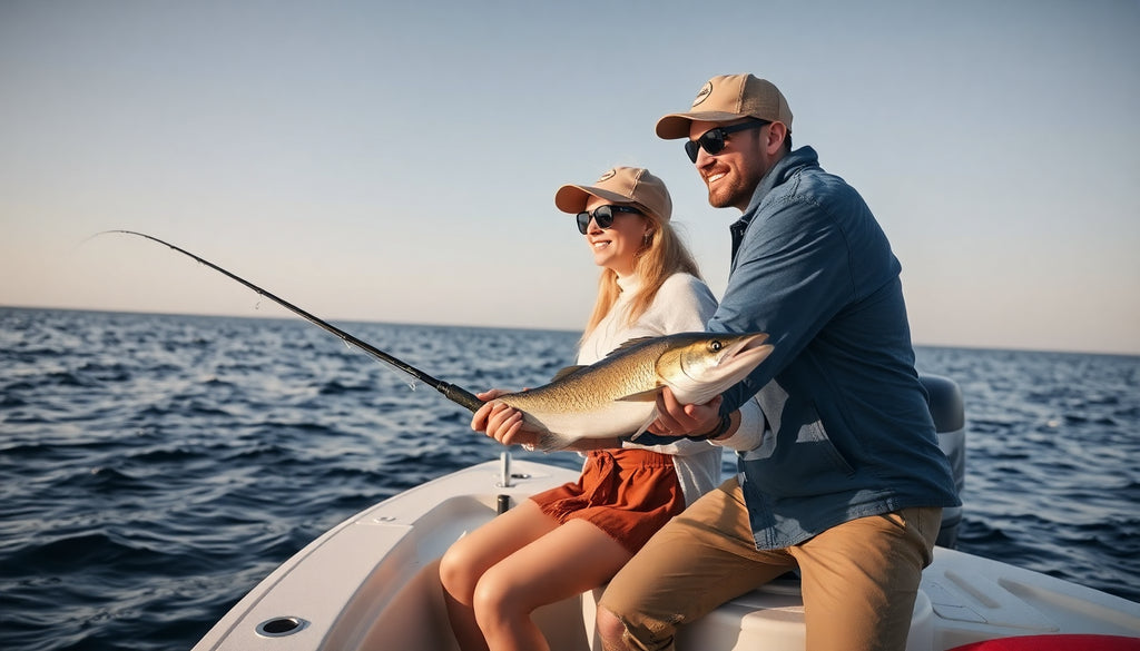 Couple fishing on a boat with stylish apparel