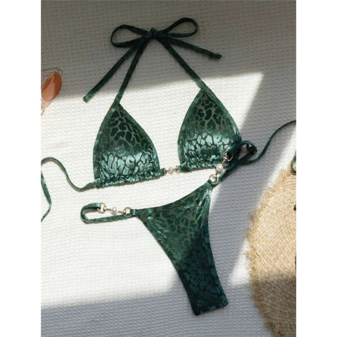 Leopard Pearl Mini Micro Thong Bikini Swimsuit