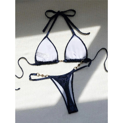 Leopard Pearl Mini Micro Thong Bikini Swimsuit