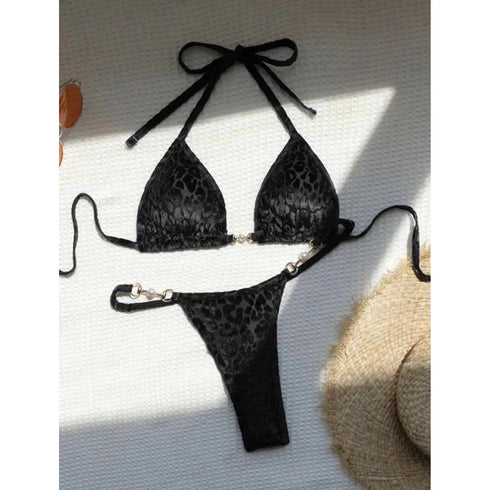 Leopard Pearl Mini Micro Thong Bikini Swimsuit