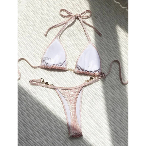 Leopard Pearl Mini Micro Thong Bikini Swimsuit