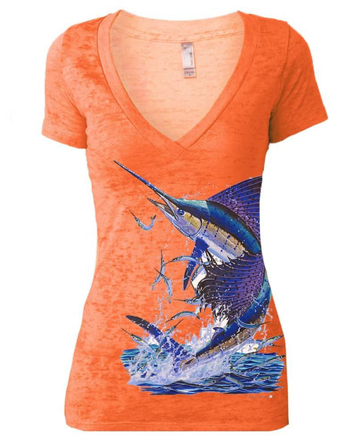 Women's Orange Sailfish V-neck Burnout Tee - KnottyTails
