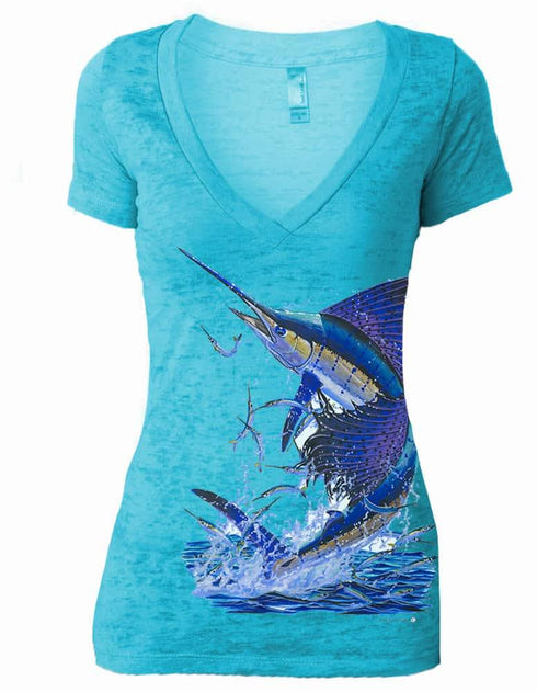 Women's Blue Sailfish V-neck Burnout Tee - KnottyTails