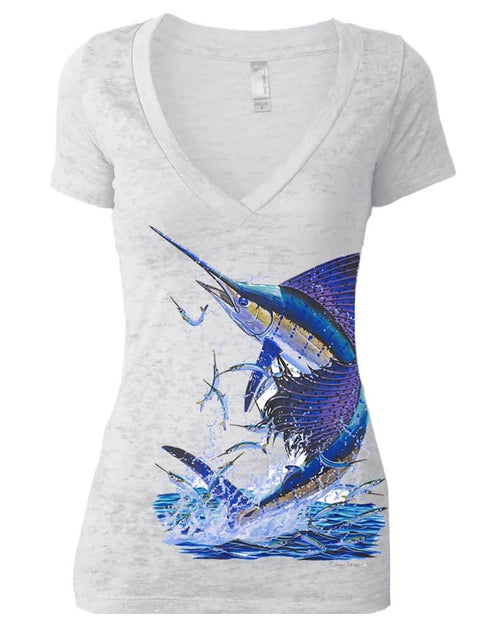 Women's Blue Sailfish V-neck Burnout Tee - KnottyTails