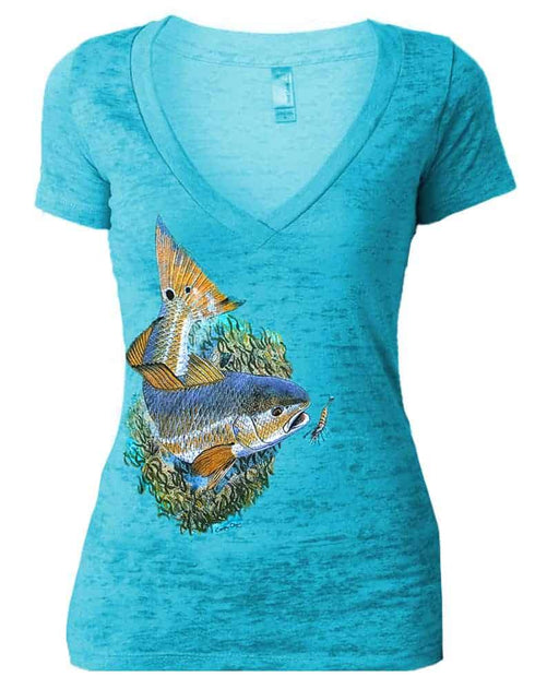 Women's Redfish in grass V-neck Burnout Tee - KnottyTails