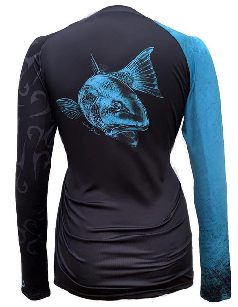 Women's V-neck Redfish Outline in Blue on Black Performance Shirt - KnottyTails
