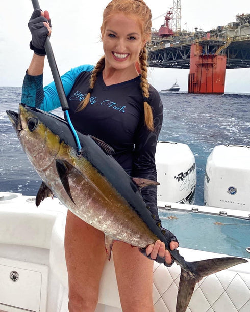 Women's V-neck Redfish Outline in Blue on Black Performance Shirt - KnottyTails