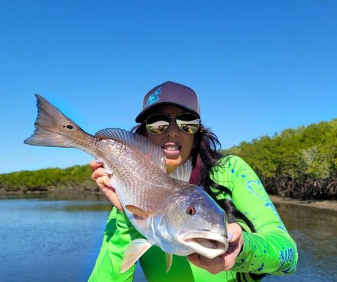 Redfish outline in blue on Black Snapback Hat - KnottyTails