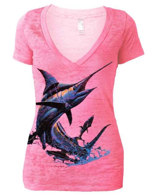 Women's Pink Marlin V-neck Burnout Tee - KnottyTails