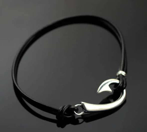 Sterling Silver ”J” Hook Black Leather Bracelet - KnottyTails