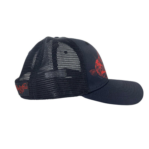Redfish Outline in Red on Black Snapback Hat - KnottyTails