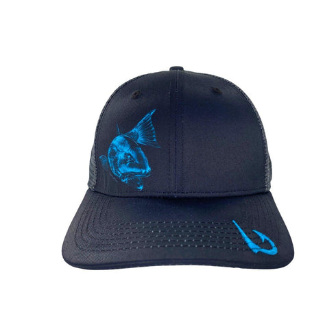 Redfish outline in blue on Black Snapback Hat - KnottyTails