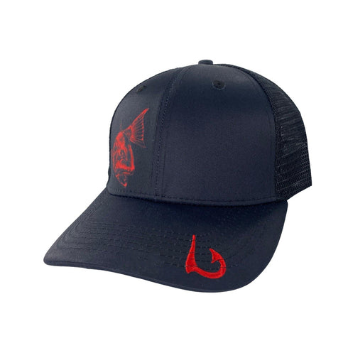 Redfish Outline in Red on Black Snapback Hat - KnottyTails