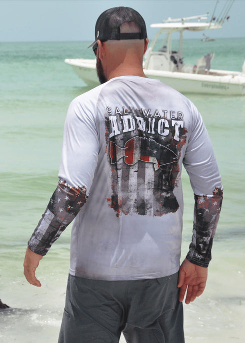 Mens American Flag, KnottyTails Grouper Salt Water Addict Fishing Shirt - KnottyTails